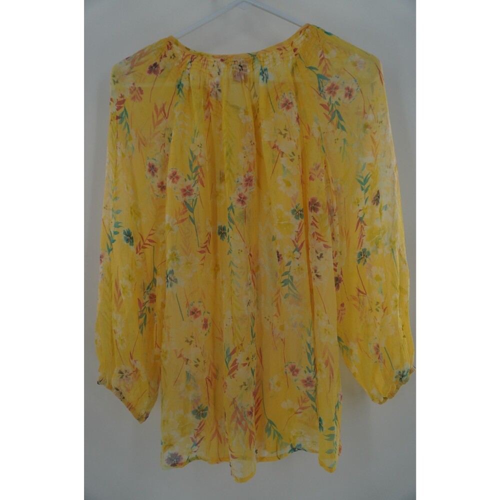 Sundance Yellow Floral Boho Peasant 100% Silk Smocked Neckline Blouse Size Large - Picture 6 of 7